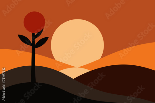 Stylized flower at sunset on abstract landscape on transparent background