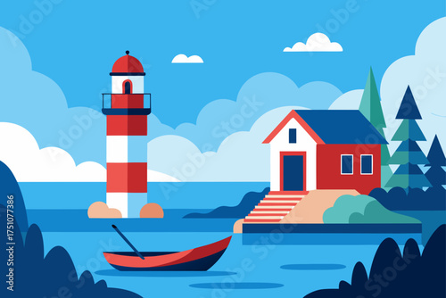 Illustration of a lighthouse and house by the sea on transparent background