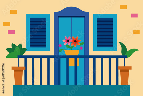 Balcony with flowers and potted plants illustration on transparent background