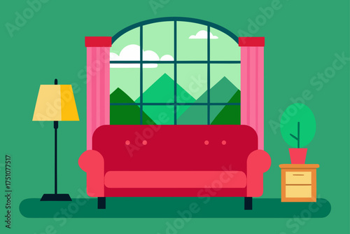 Living room with sofa lamp and window illustration on transparent background