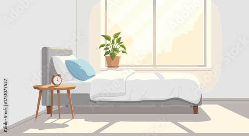 Cozy Bedroom Interior with Bed Nightstand and Potted Plant by Window.