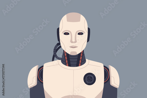 A humanoid robot stands with a neutral expression against a grey background.