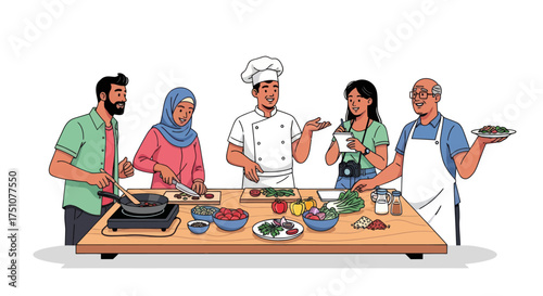 Cooking Class: Diverse Group Learning Culinary Skills with Chef at Table.