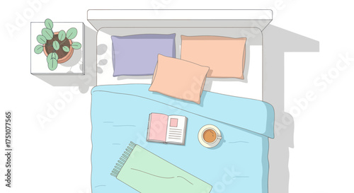 Cozy Bed with Pillows Blanket Book and Coffee Cup from Above.