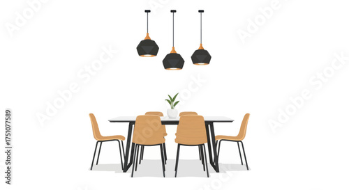 Modern Dining Set with Black Table Orange Chairs and Pendant Lights.