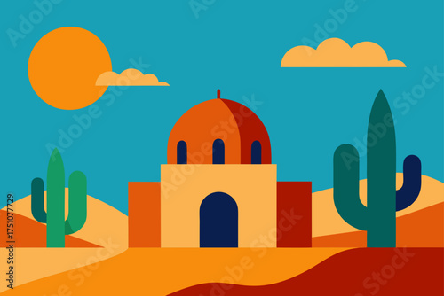 Desert landscape with cacti and a building at sunset on transparent background