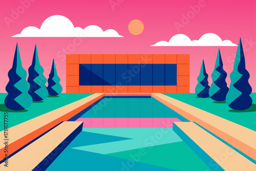 Swimming pool with trees and pink sky illustration on transparent background