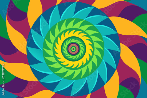 Colorful concentric circles in spiral arrangement on transparent background