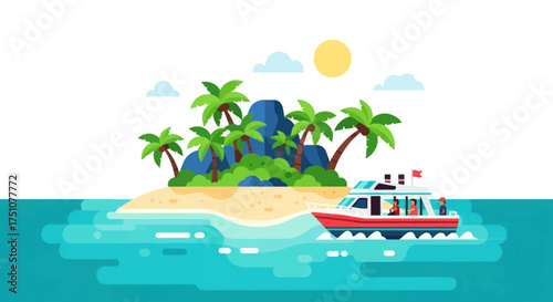 Tropical Island Paradise with a Speedboat and Palm Trees.
