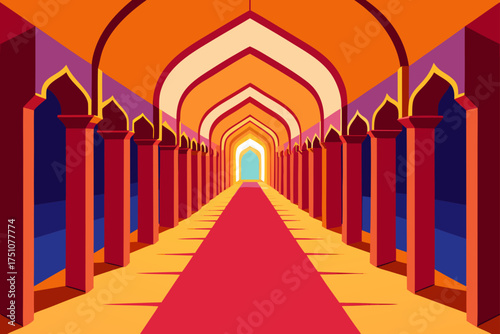 A long corridor with arches and a red carpet view on transparent background