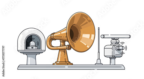 Vintage brass phonograph horn alongside modern maritime communication and navigation equipment.