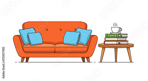 Cozy orange sofa with blue pillows and side table with books and steaming coffee cup.