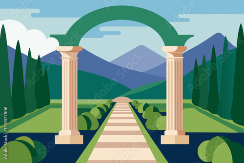 Archway leading to mountains with trees and clouds on transparent background