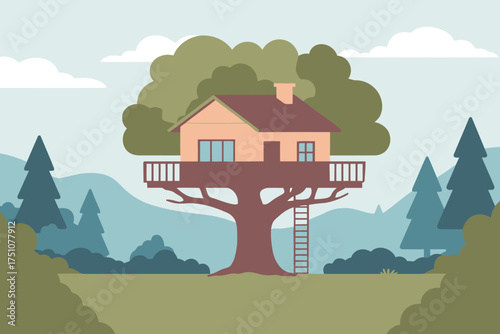 A quaint treehouse with a ladder is nestled in a lush forest setting.