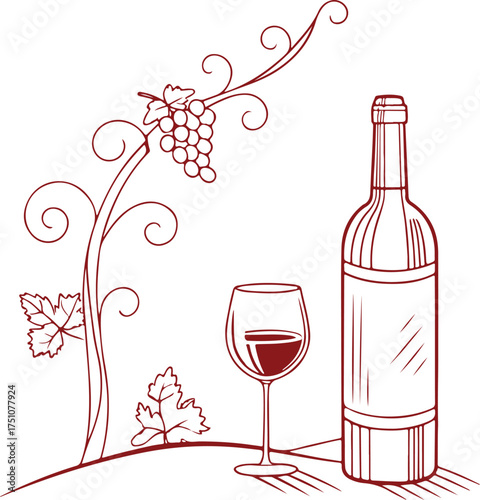 Wine Bottle and Glass with Grapevine – Elegant Vineyard Line Art Illustration