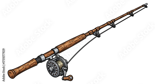 Classic Wooden Fishing Rod and Reel Hand-Drawn Illustration.