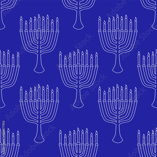 Vector Hanukkah seamless pattern with white Menorah in linear style on blue background