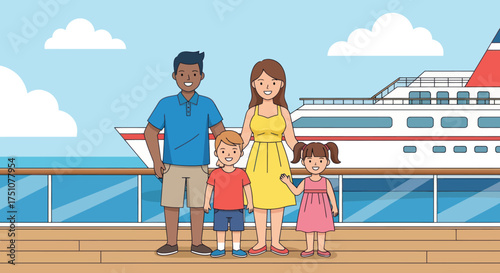 A happy diverse cartoon family of four enjoying a cruise ship vacation together.