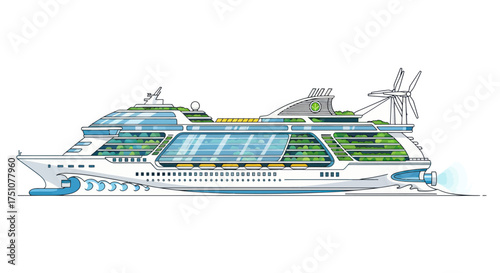 Futuristic Eco-Friendly Cruise Ship with Vertical Gardens and Wind Turbines.