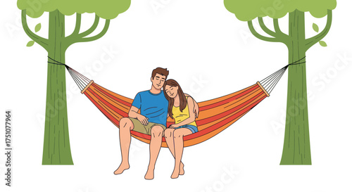 Couple Relaxing Together in a Vibrant Orange Hammock Between Two Green Trees.