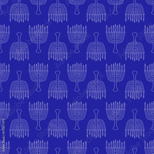 Seamless vector Hanukkah pattern with white linear Menorah on blue background