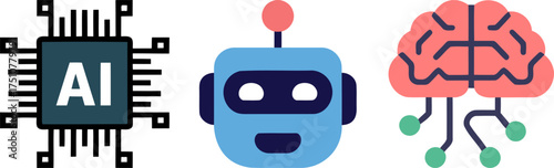Artificial intelligence represented by chip, robot, and brain graphics.