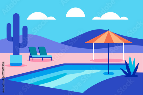 Poolside scene with cactus and umbrella illustration on transparent background