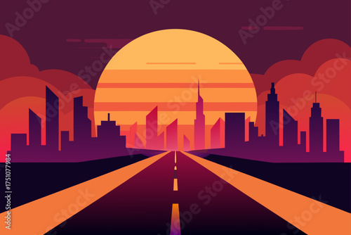 Cityscape silhouette with sunset and road leading in on transparent background