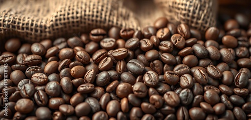 Close-up of roasted coffee beans, burlap sack background, coffee grinder, background