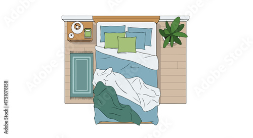 Cozy bedroom arrangement showcasing a bed with blue bedding, a rug, a bedside table, and a potted plant viewed from overhead, creating a tranquil