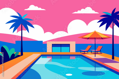 Illustration of a poolside scene with palm trees on transparent background