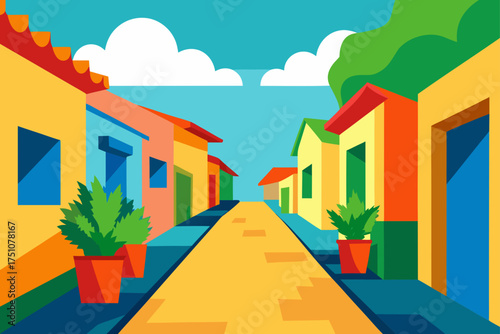 Colorful buildings line a street under cloudy skies on transparent background