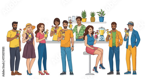 Diverse group of people enjoying fresh fruit smoothies and cocktails at a vibrant juice bar.