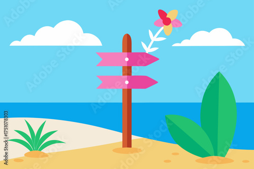 Pink arrows on a wooden post near the beach view on transparent background