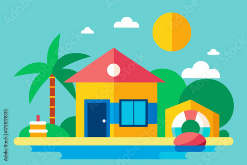 Tropical beach house with palm tree and blue water on transparent background