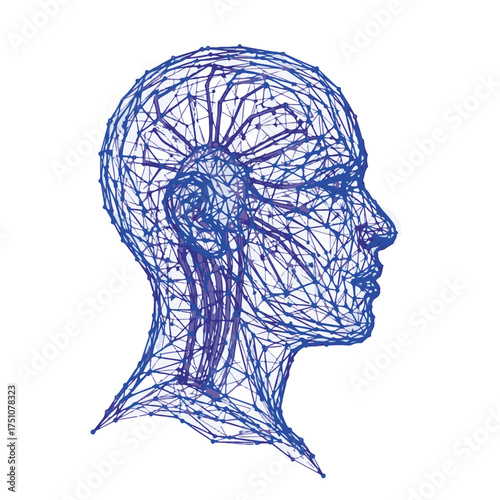 Futuristic human head made of dots and neural network lines vector art.