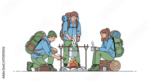 Three hikers gathered around a campfire cooking and resting during an outdoor adventure.