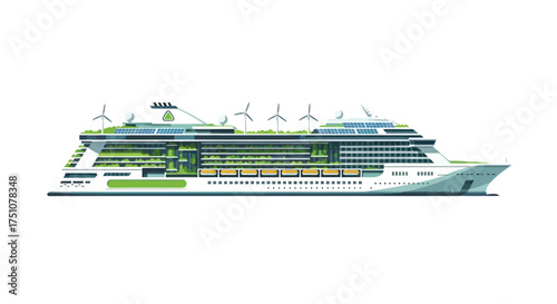 Eco-friendly cruise ship with wind turbines and green accents.