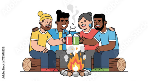 Diverse Friends Camping Toasting Drinks Around a Warm Campfire.