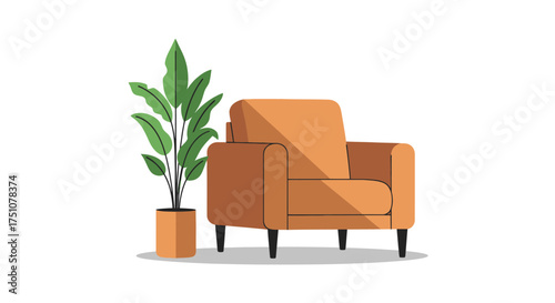 Cozy Brown Armchair with Potted Houseplant Vector Illustration.