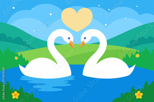 Two swans in love under a heart in a nature scene on transparent background
