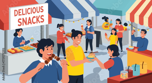 Lively Outdoor Food Market Scene with People Enjoying Delicious Snacks and Street Food.