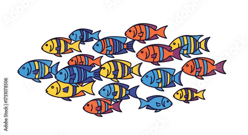 Stylized school of colorful fish swimming together in formation, a playful cartoon illustration on a crisp white background for marine life