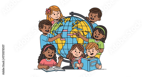 Diverse group of happy children surrounding a colorful globe learning about the world together.