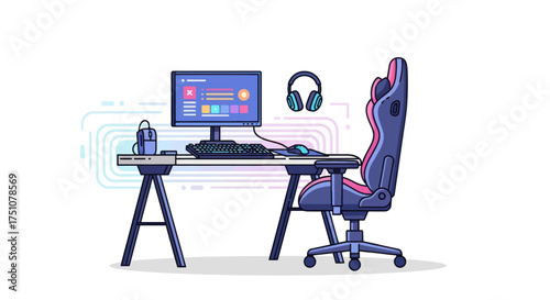 Modern Gaming Setup with Ergonomic Chair and Computer.
