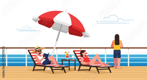 People Relaxing on Cruise Ship Deck Under Red Umbrella.