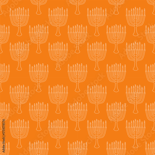 Vector Hanukkah seamless pattern with white Menorah in linear style on orange background