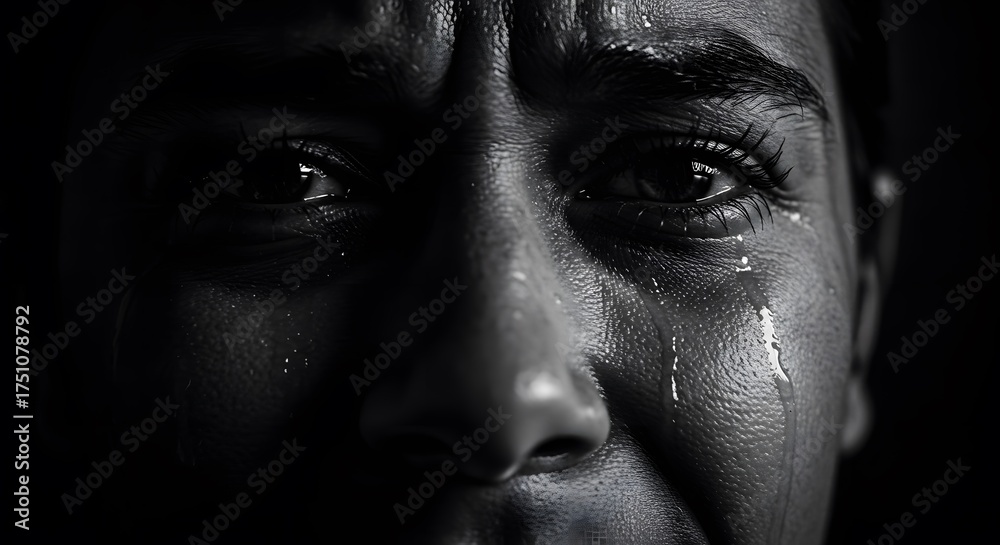 Fototapeta premium Close-up of a Person Crying with Tears Streaming Down Their Face in Dramatic Lighting