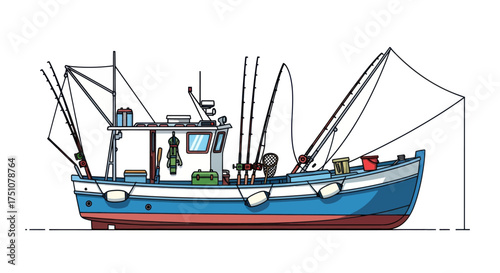 Detailed illustration of a traditional blue and white fishing boat with red hull and rigging.