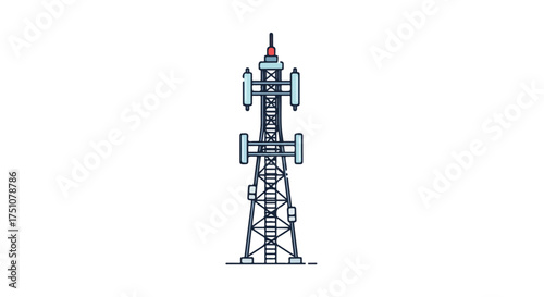Stylized telecommunication tower illustration with antenna arrays against a stark white backdrop showcasing wireless technology